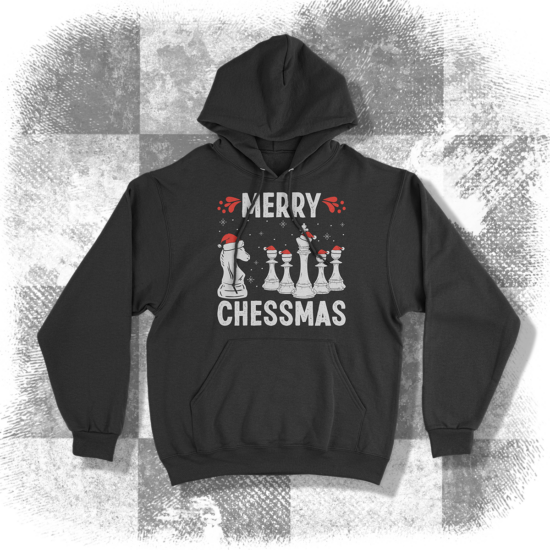 Merry Chessmas! feliratú, kenguruzsebes, kapucnis pulóver - fekete színben